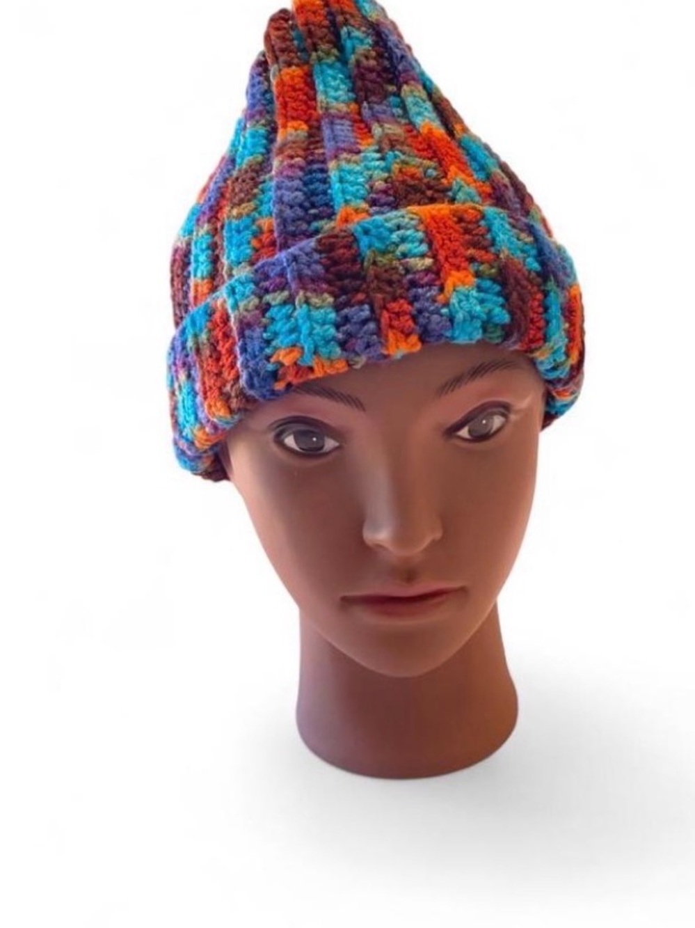 Multicolor Crochet Ribbed Beanie Hat - Vibrant Orange & Teal